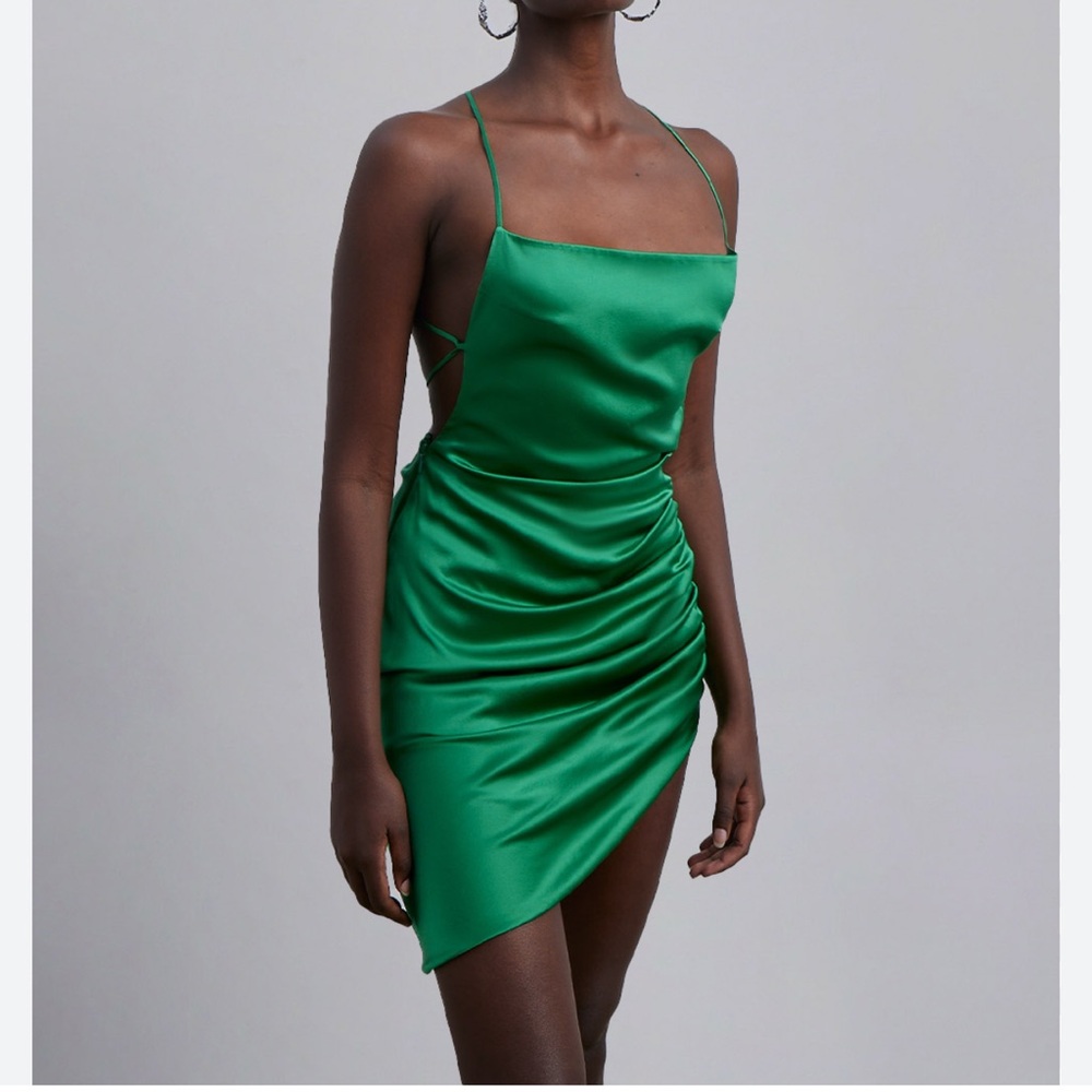 Silk Maison Ruched Silk Mini Slip Dress Kelly Green Asymmetric Hem Open Back-XS